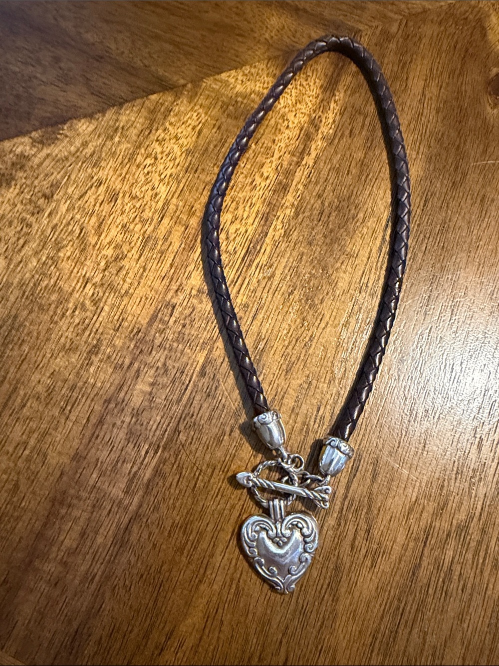 Brighton Silver Heart Pendant on Braided Black Leather Necklace